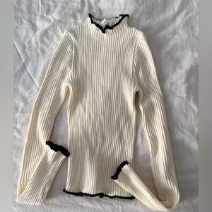 Altar’d State Ribbed Lettuce Edge Mock Neck Top Cream Black XS